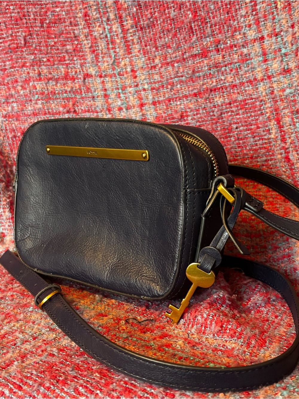Fossil navy blue  Leather Crossbody with Gold Key Charm